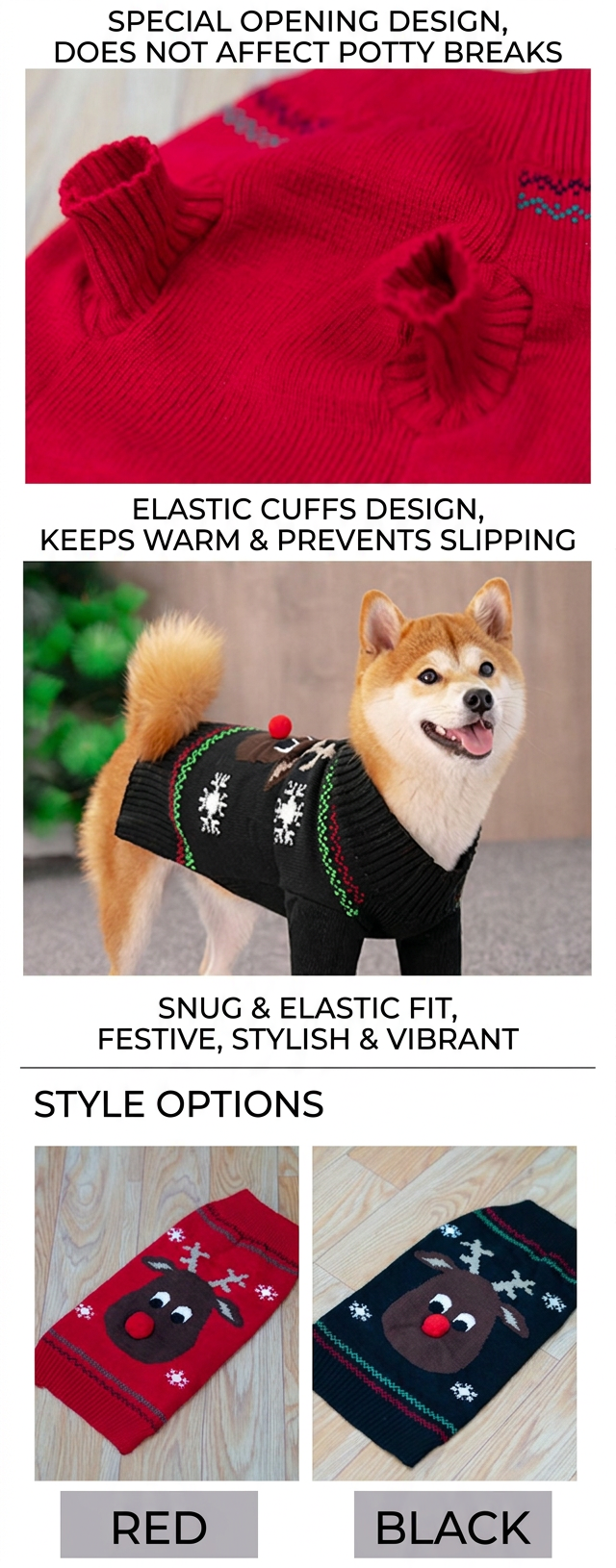 STAYPAW Holiday Reindeer Knit Dog Sweater Soft Warm Winter Pullover S-2XL - Detail 3