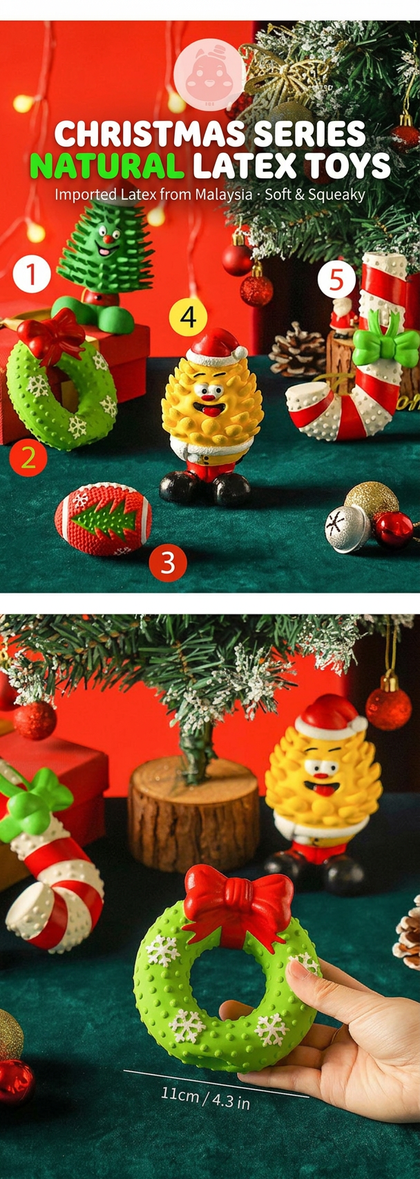 STAYPAW Natural Latex Squeaky Dog Chew Toys, Festive Teething Fetch Toys - Detail 1