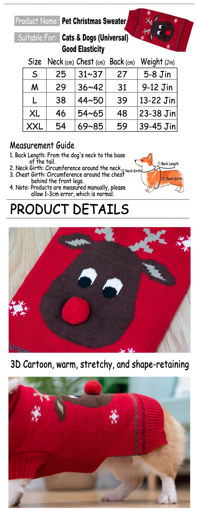STAYPAW Holiday Reindeer Knit Dog Sweater Soft Warm Winter Pullover S-2XL - Detail 2
